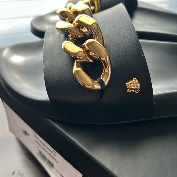 Versace Black and Gold Chain Slide Sandals - Picture 3 of 10